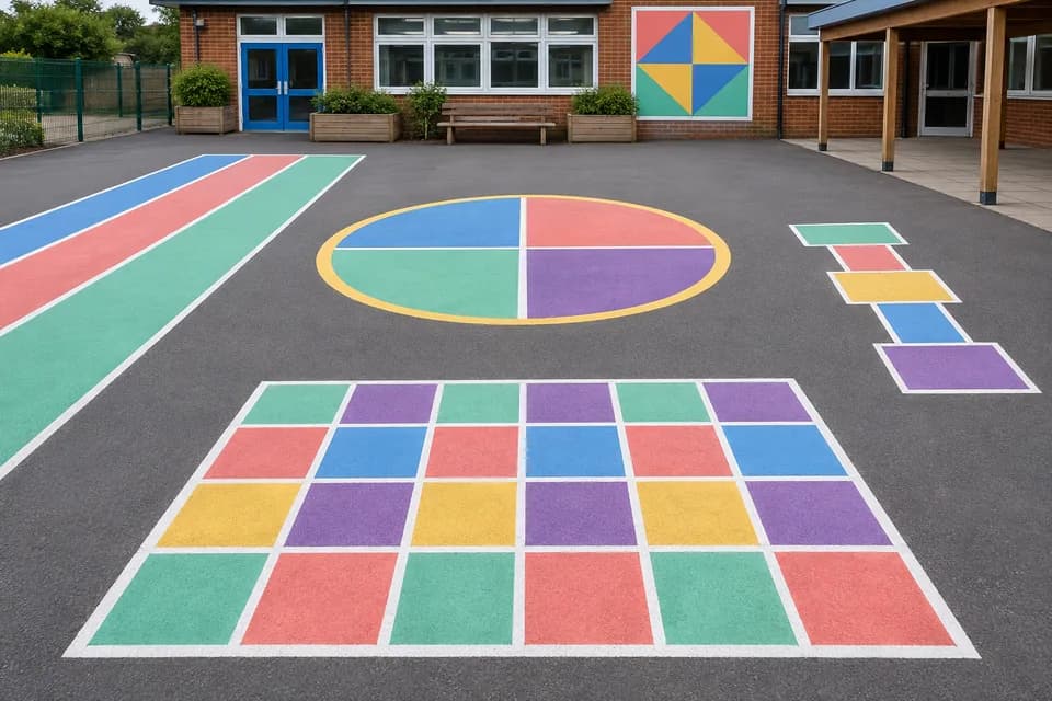 Colourful playground markings showing shapes, equal sections, parallel lines and boundaries