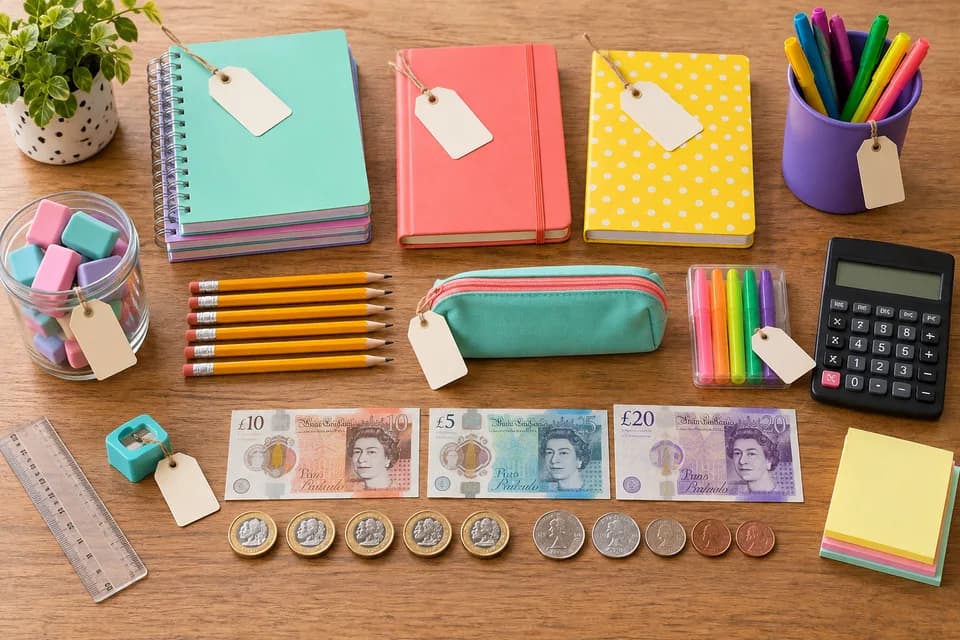 Stationery and UK money arranged as a real-life shopping problem