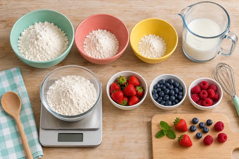 Bowls, fruit, scales and a measuring jug showing ratio and measurement in baking